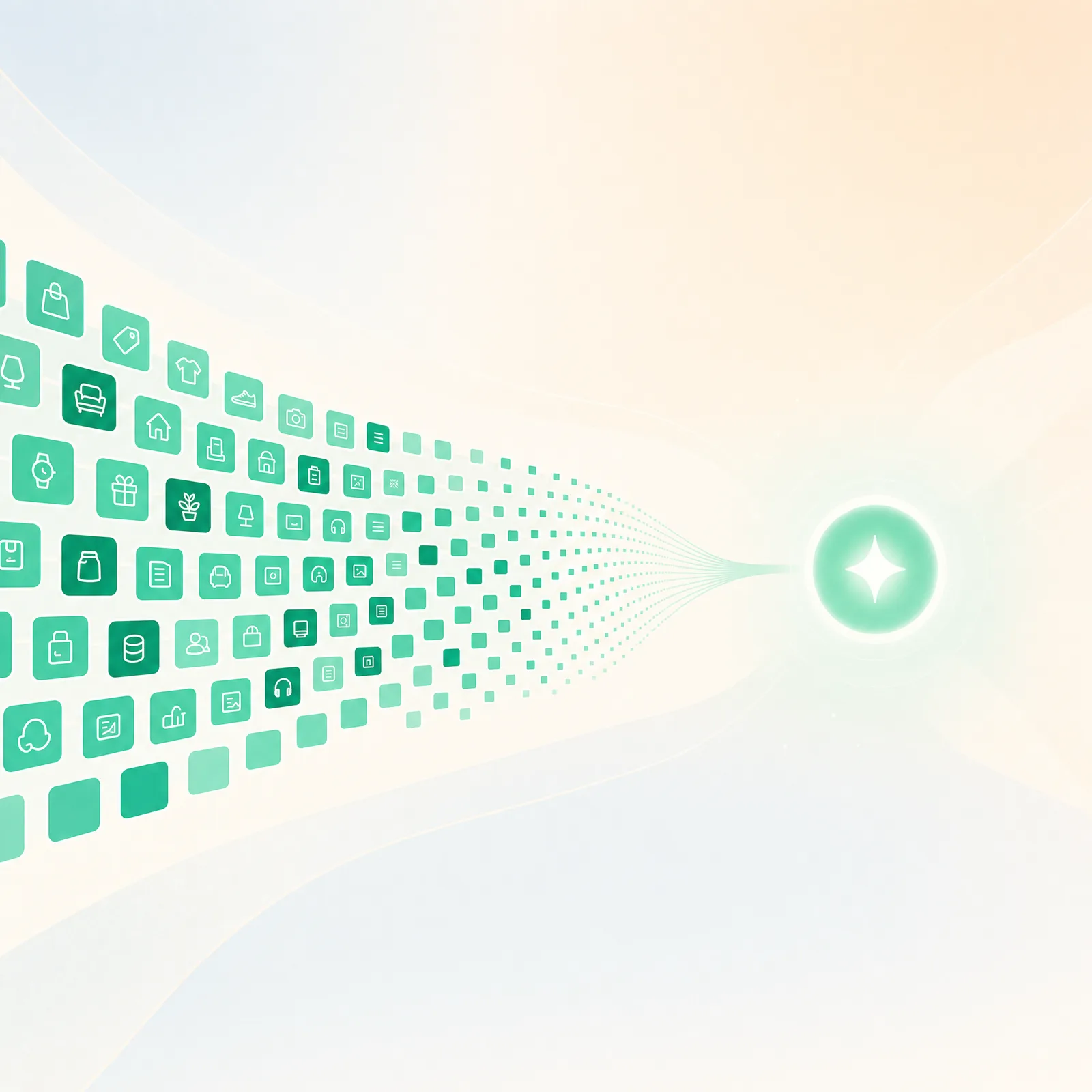 A stream of clean, structured product-data tiles flowing into a glowing assistant node, illustrating well-structured product data being understood and surfaced by an AI shopping assistant.