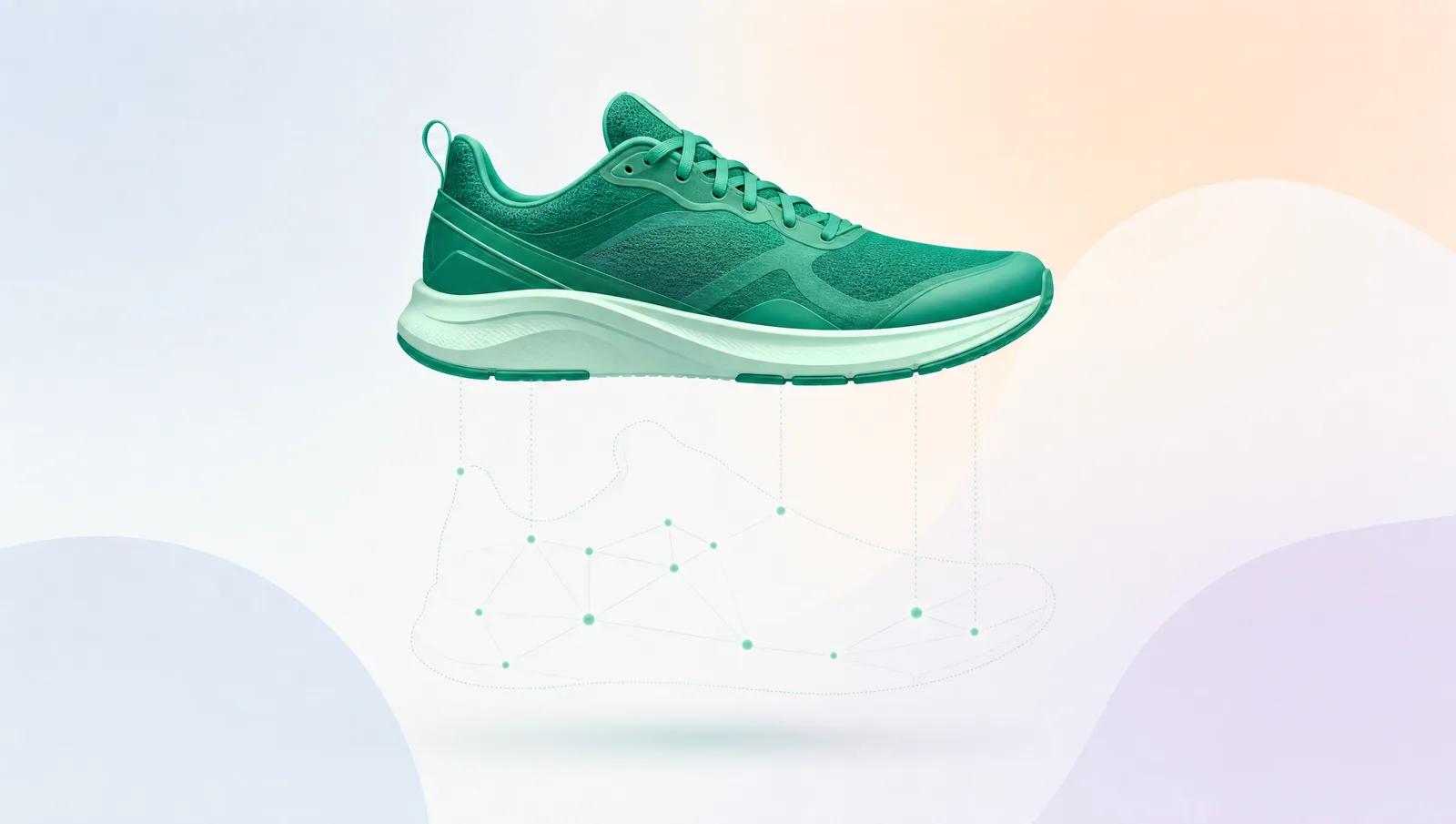 A richly detailed product above a sparse wireframe of data nodes, showing how much less a machine reads than a human sees.