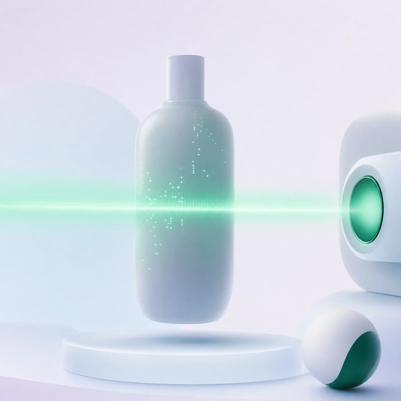 A product being scanned by a beam of light that reveals only a few sparse data points, illustrating how little an AI crawler can read when product facts are not in the page HTML.