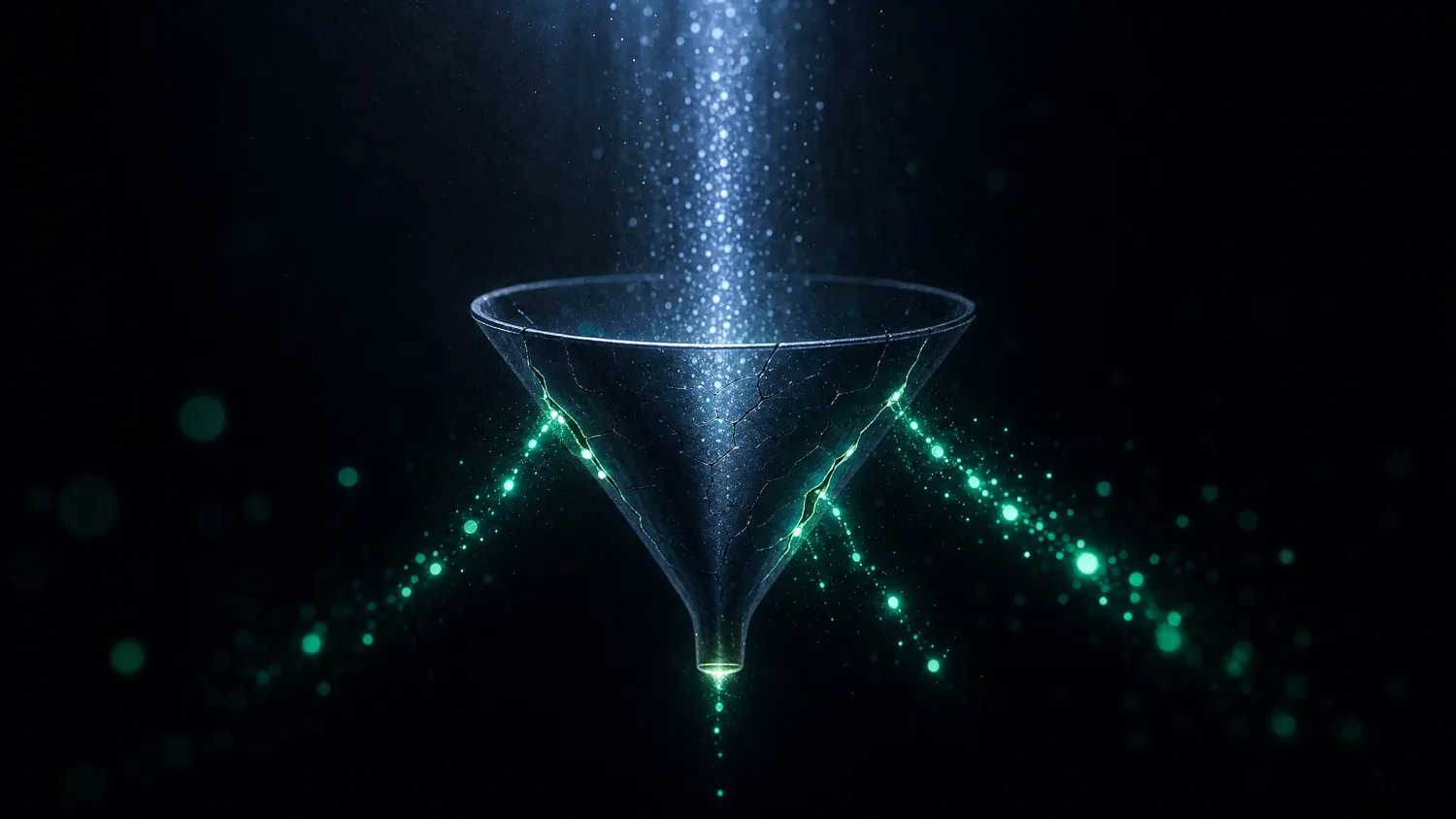 A stream of paid traffic pouring into a funnel while value leaks out through the sides, illustrating Shopify stores that buy traffic but lose it to on-page friction.